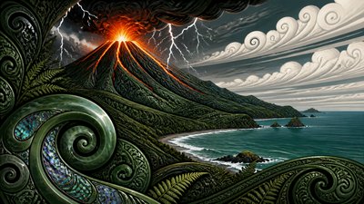 an erupting volcano with lightning strikes, dramatic wide composition, no text