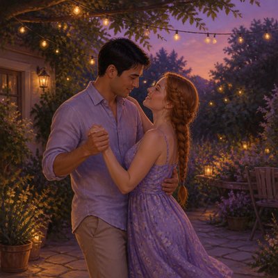 an original couple dancing under string lights in a garden at dusk: a man with short black hair in a linen shirt and a woman with braided red hair in a summer dress