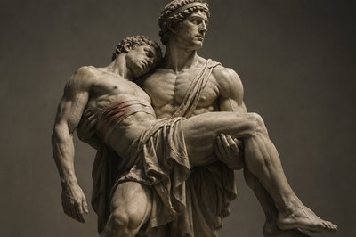 ancient greek athletle carrying a wounded athlete in his arms