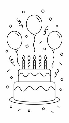 a birthday cake with lit candles surrounded by balloons and confetti, festive vertical composition, no text