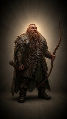 full-body original character: a dwarven ranger with a braided auburn beard, worn leather armor, a longbow and a wolf-pelt cloak, neutral background, no text