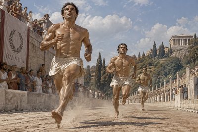 ancient greek athletes competing in the dolichos event at Olympia