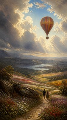 a hot air balloon drifting over rolling flower fields on a sunny day, cheerful, no text