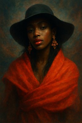 a painting of a woman wearing a red scarf and a black hat