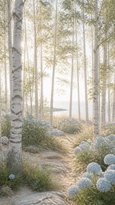 a serene birch forest in soft morning light, no people, no text