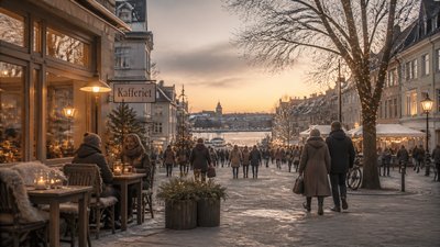bustling city street panorama at dusk
