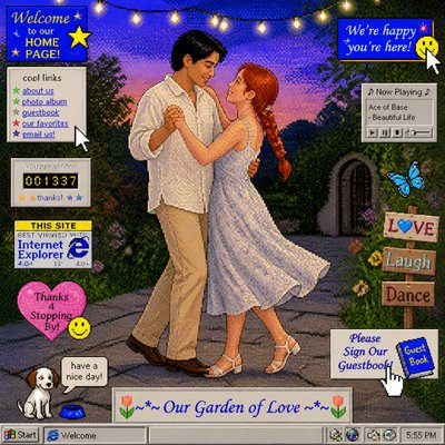 an original couple dancing under string lights in a garden at dusk: a man with short black hair in a linen shirt and a woman with braided red hair in a summer dress