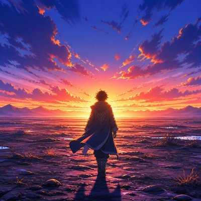 a solitary figure walking toward a glowing horizon across an empty plain, moody atmosphere, no text or lettering