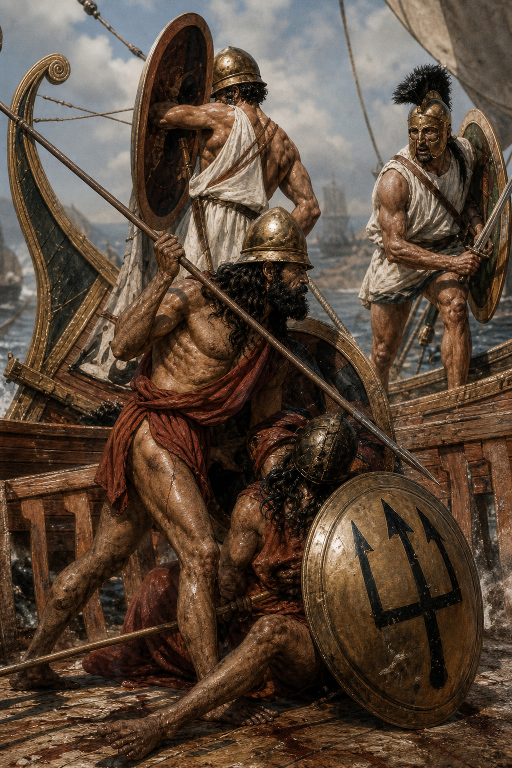 a painting of two men on a boat in the water