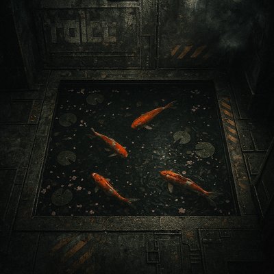 A koi pond seen from above, orange and white koi fish swimming among lily pads, clear water with subtle ripples, fallen cherry blossom petals floating on the surface, dappled sunlight