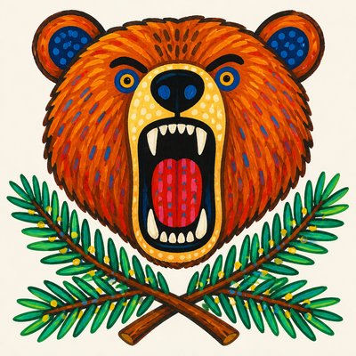 a roaring bear head above crossed pine branches, bold graphic composition on a plain background, no text