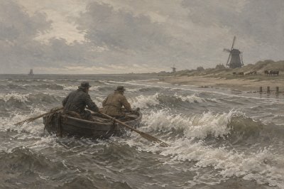two guys rowing in their boat against crashing waves as they steer towards the shore