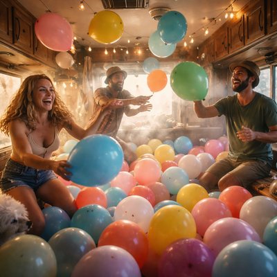 having a balloon fight inside an RV with lots of balloons
