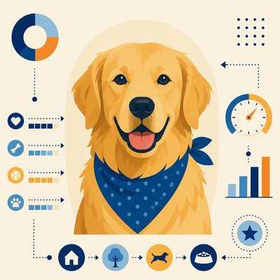 portrait of a golden retriever wearing a blue bandana, warm plain backdrop, no text