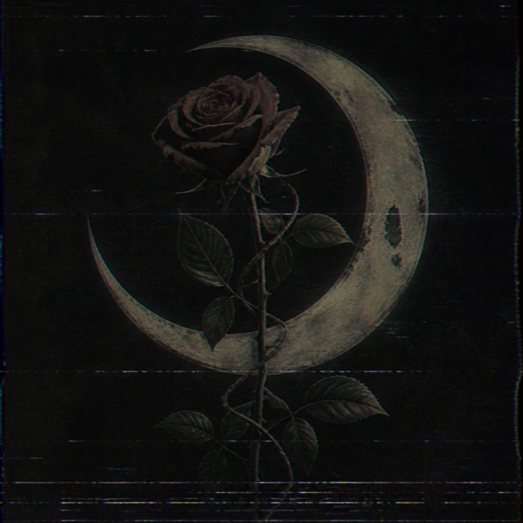 a rose entwined with a crescent moon, clean balanced composition on a plain background, no text
