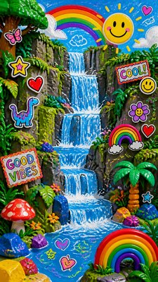 a cascading waterfall in a lush green gorge, no people