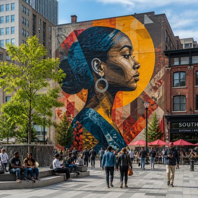 urban street with city activity — Public Art Style