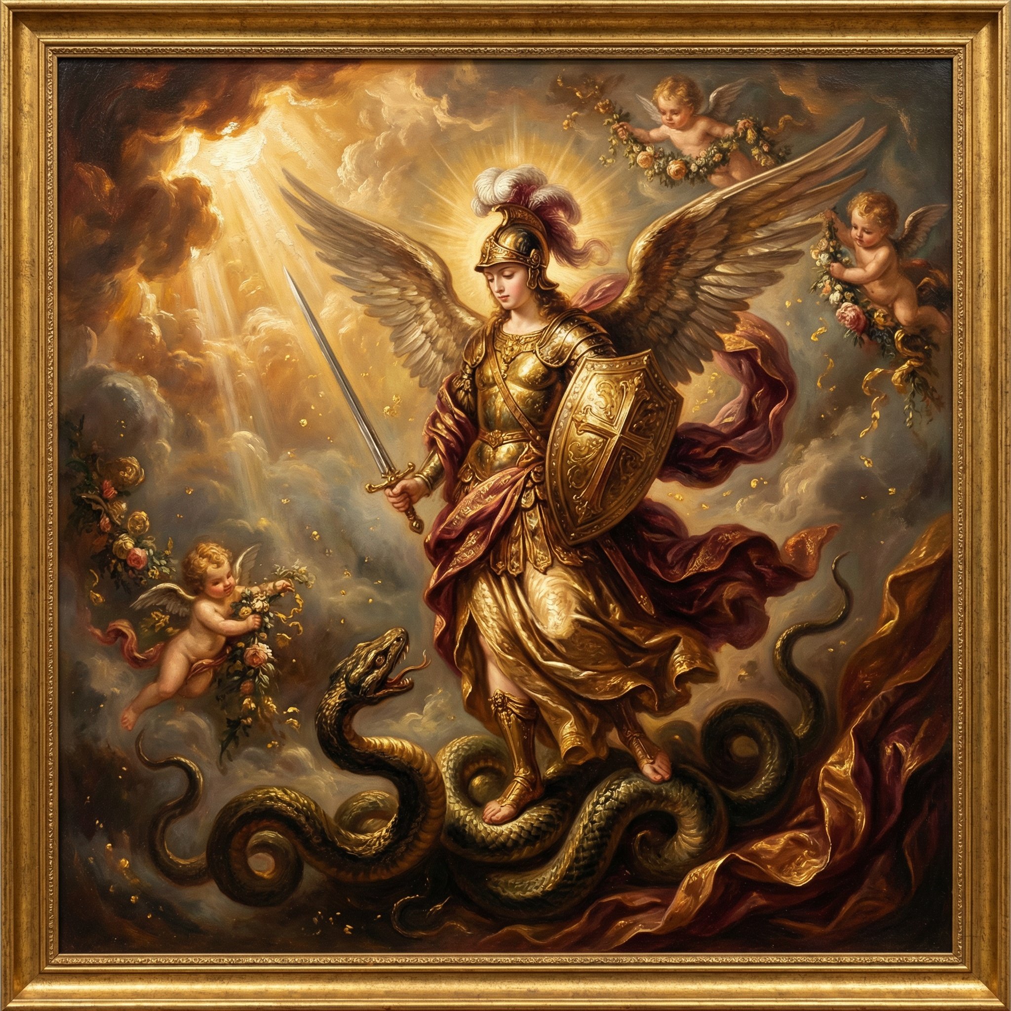 An Angel of God standing with full armor, sword, and shield, with massive wings, in front of a great serpent