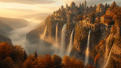 a cliffside city with waterfalls cascading into a misty canyon, wide establishing shot, no people, no text