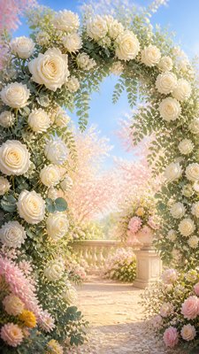 an arch of white roses and eucalyptus in soft morning light, elegant vertical composition with open space, no text