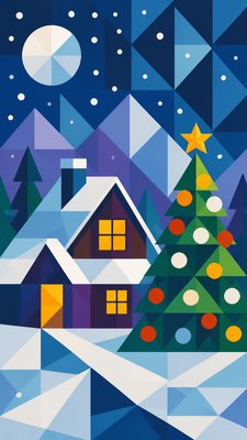 a snow-covered cottage with warm glowing windows beside a decorated pine tree, gentle snowfall, no text