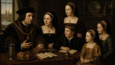 Sir Thomas More with his wife, an  older daughter, a son, and two younger daughters at their home in Chelsea, London England