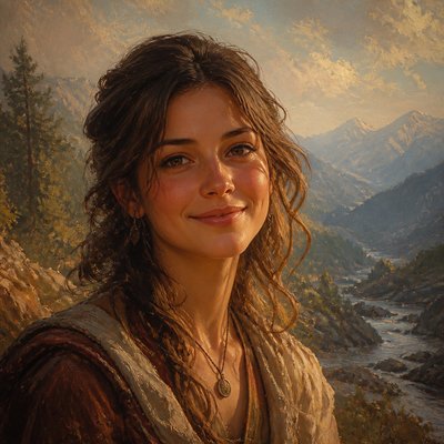 head-and-shoulders portrait of an original character: a young woman with wavy chestnut hair and a warm smile, plain soft backdrop