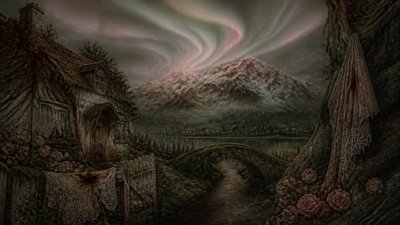 a flowing aurora over snowy peaks, wide sweeping composition, no people, no text