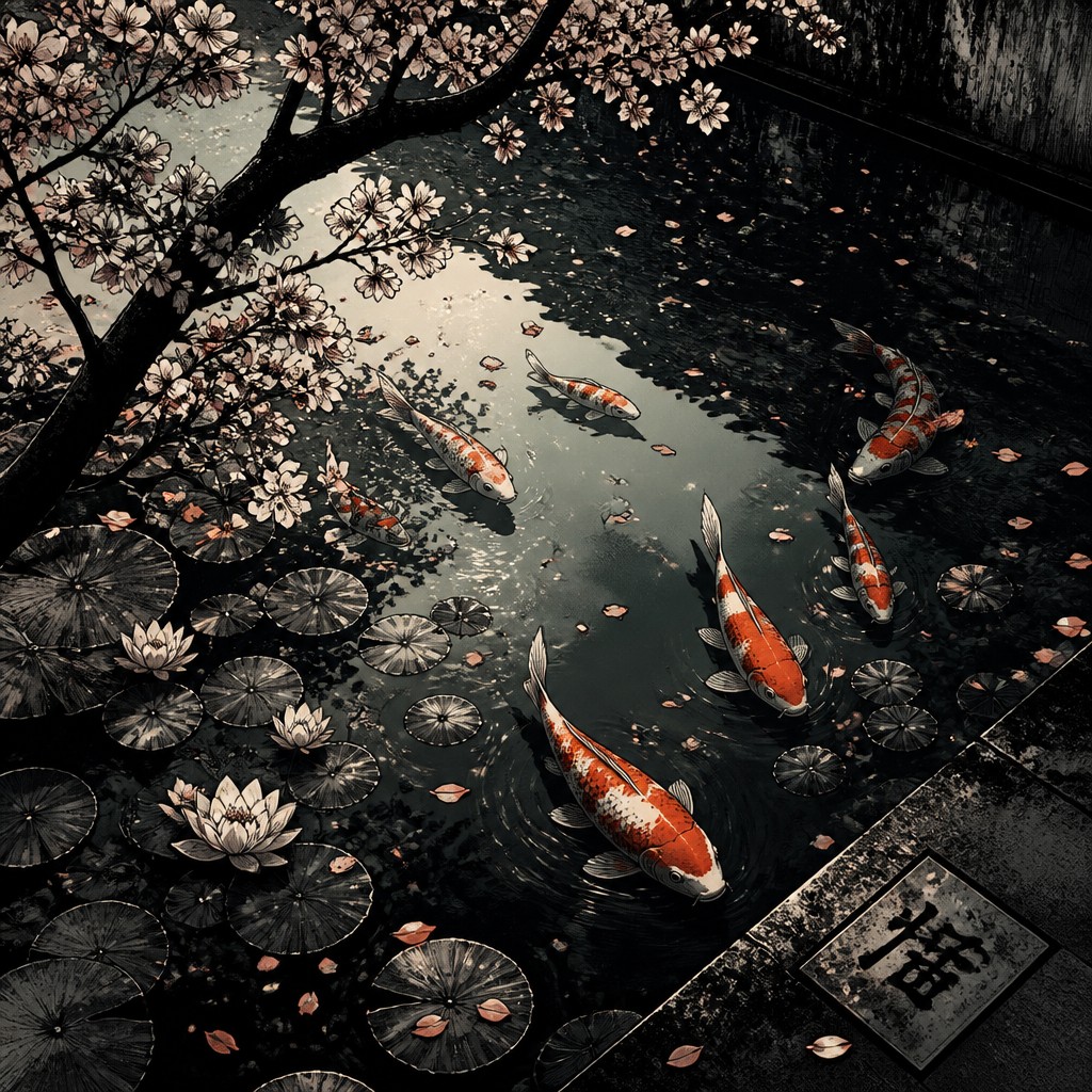 A koi pond seen from above, orange and white koi fish swimming among lily pads, clear water with subtle ripples, fallen cherry blossom petals floating on the surface, dappled sunlight
