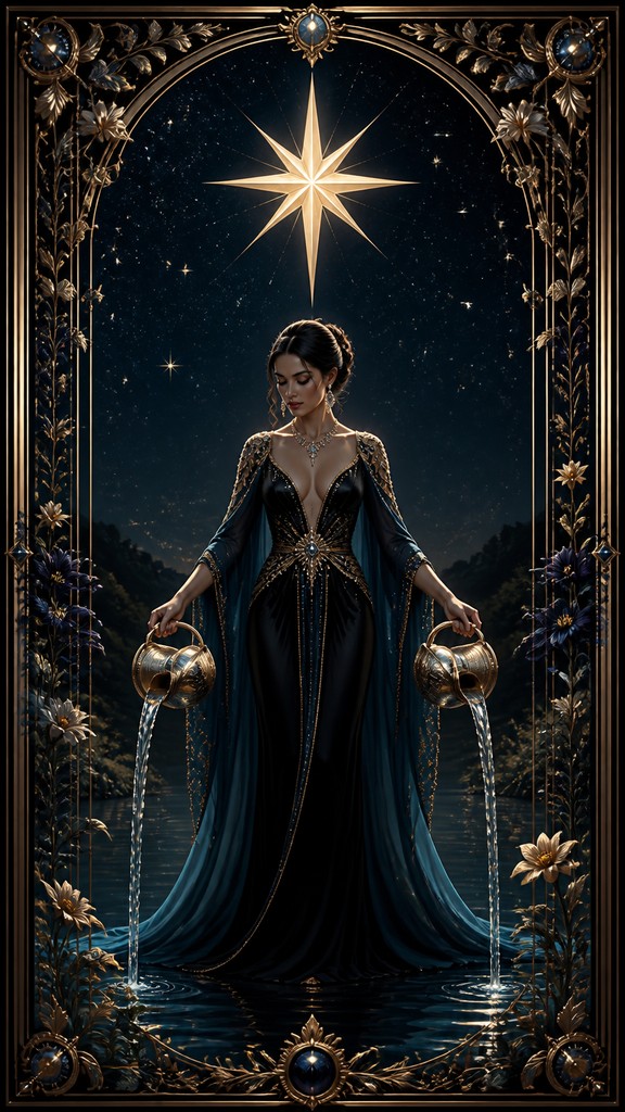 a robed figure pouring water beneath a large eight-pointed star in a night sky, symmetrical composition with an ornate decorative border, no text