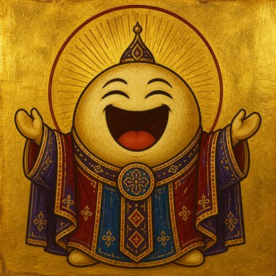 an exaggerated laughing face of an original round mascot character, bold and readable at small size, plain background, no text