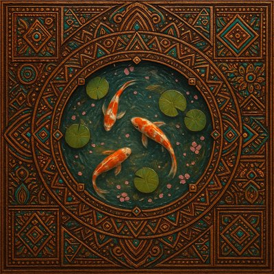 A koi pond seen from above, orange and white koi fish swimming among lily pads, clear water with subtle ripples, fallen cherry blossom petals floating on the surface, dappled sunlight