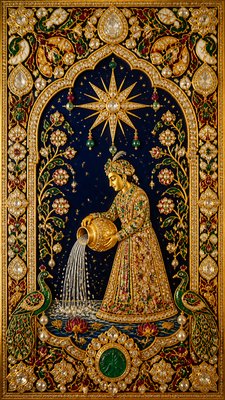 a robed figure pouring water beneath a large eight-pointed star in a night sky, symmetrical composition with an ornate decorative border, no text