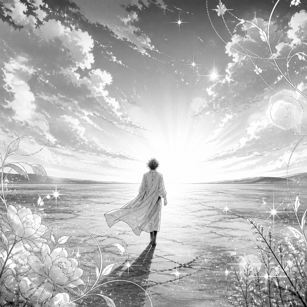 a solitary figure walking toward a glowing horizon across an empty plain, moody atmosphere, no text or lettering