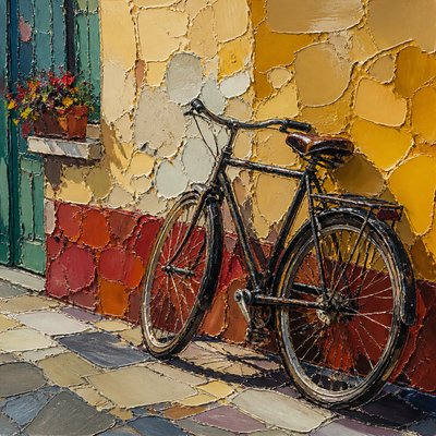 bicyle resting against a wall — Palette Knife Painting Style