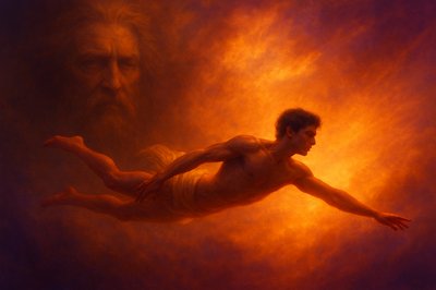 a painting of a man floating in the air