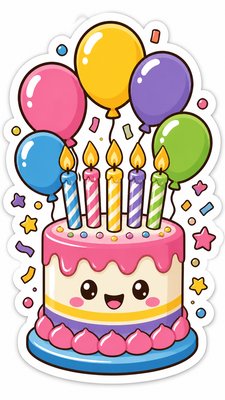 a birthday cake with lit candles surrounded by balloons and confetti, festive vertical composition, no text