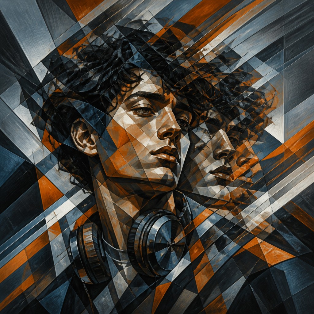 head-and-shoulders portrait of an original character: a young man with curly dark hair and headphones around his neck, plain backdrop, no text
