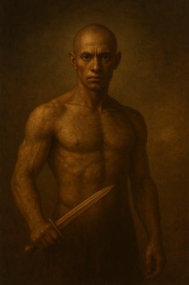 a painting of a man holding a knife