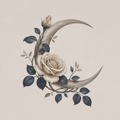 a rose entwined with a crescent moon, clean balanced composition on a plain background, no text