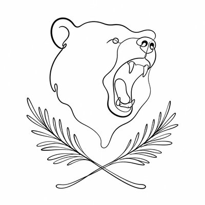 a roaring bear head above crossed pine branches, bold graphic composition on a plain background, no text