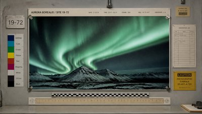 a flowing aurora over snowy peaks, wide sweeping composition, no people, no text