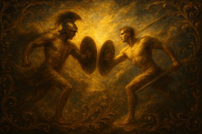 a painting of two men fighting over a mirror