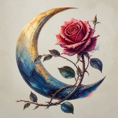 a rose entwined with a crescent moon, clean balanced composition on a plain background, no text