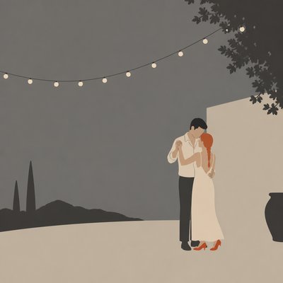 an original couple dancing under string lights in a garden at dusk: a man with short black hair in a linen shirt and a woman with braided red hair in a summer dress