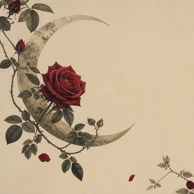 a rose entwined with a crescent moon, clean balanced composition on a plain background, no text