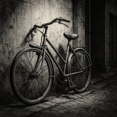 bicyle resting against a wall