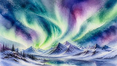 a flowing aurora over snowy peaks, wide sweeping composition, no people, no text