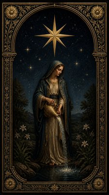 a robed figure pouring water beneath a large eight-pointed star in a night sky, symmetrical composition with an ornate decorative border, no text