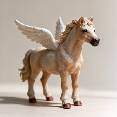 Palm-sized mythical horse figurine, anatomically correct with gentle pose and calm expression, subtle wings, minimalist fantasy style, whimsical and serene, soft studio lighting with shallow depth of field, plain background, limited colors, high but restrained detail tiny spirit horse